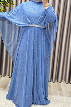 Kadın Tesettür Büyük Beden Giyim Simli  Pelerinli Abiye 