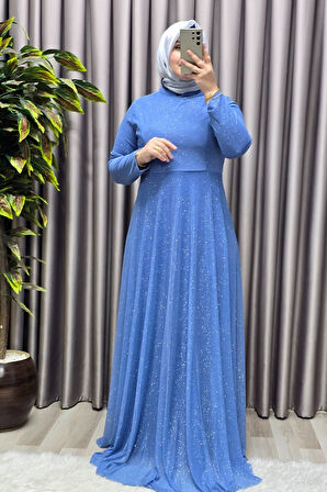 Kadın Tesettür Büyük Beden Giyim Simli  Pelerinli Abiye 