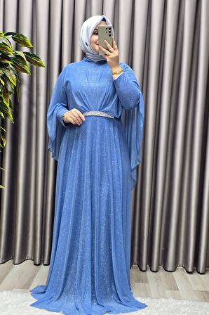 Kadın Tesettür Büyük Beden Giyim Simli  Pelerinli Abiye 