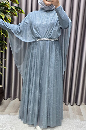Kadın Tesettür Büyük Beden Giyim Simli  Pelerinli Abiye 