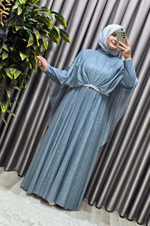 Kadın Tesettür Büyük Beden Giyim Simli  Pelerinli Abiye 