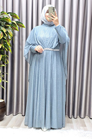 Kadın Tesettür Büyük Beden Giyim Simli  Pelerinli Abiye 