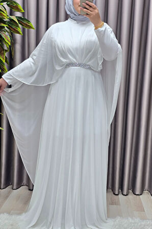 Kadın Tesettür Büyük Beden Giyim Simli  Pelerinli Abiye 