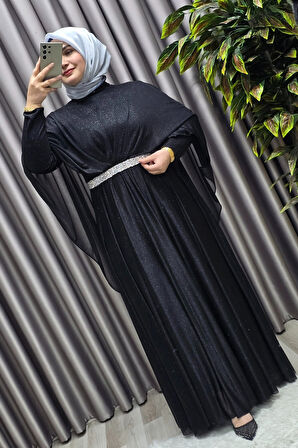 Kadın Tesettür Büyük Beden Giyim Simli  Pelerinli Abiye 