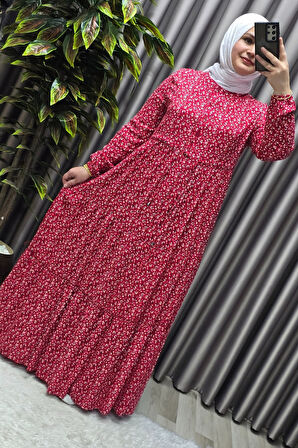 Kadın Tesettür Giyim Yazlık Viscon Üç Katlı Papatya Elbise 