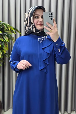 Kadın Tesettür Giyim Büyük Beden Taşlı Fular Krep Abiye Tunik 