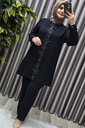 Kadın Tesettür Giyim Büyük Beden Kabartma Çiçekli Krep İkili Takım 