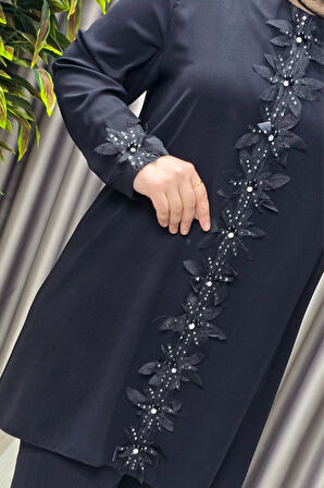 Kadın Tesettür Giyim Büyük Beden Kabartma Çiçekli Krep İkili Takım 