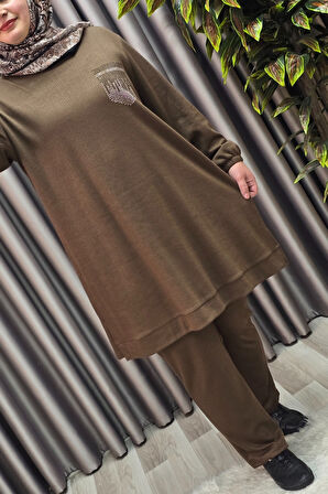 Kadın Tesettür Giyim Büyük Beden Cebi Taş İşlmeli İkili Takım 