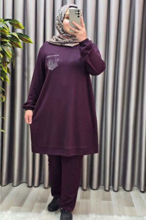 Kadın Tesettür Giyim Büyük Beden Cebi Taş İşlmeli İkili Takım 