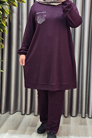 Kadın Tesettür Giyim Büyük Beden Cebi Taş İşlmeli İkili Takım 