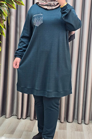 Kadın Tesettür Giyim Büyük Beden Cebi Taş İşlmeli İkili Takım 