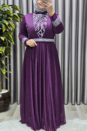 Kadın Tesettür Giyim Büyük Beden V Taşlı Abiye 