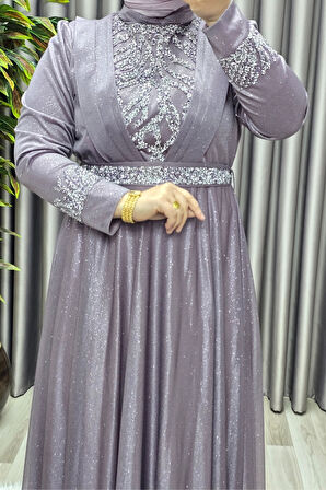 Kadın Tesettür Giyim Büyük Beden V Taşlı Abiye 