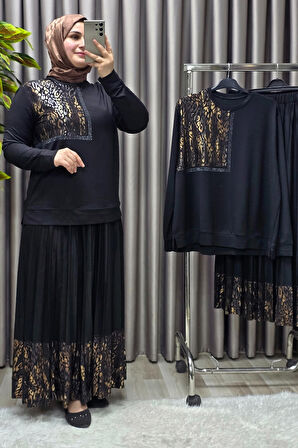 Kadın Tesettür Giyim Büyük Beden Pileli Leopar Desenli Etekli Takım 