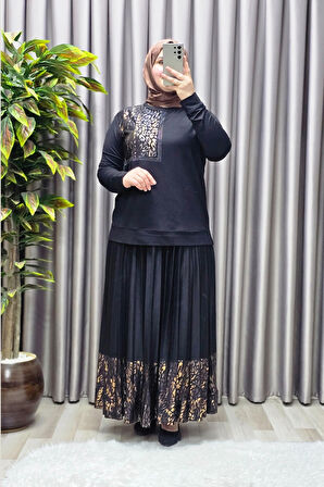 Kadın Tesettür Giyim Büyük Beden Pileli Leopar Desenli Etekli Takım 