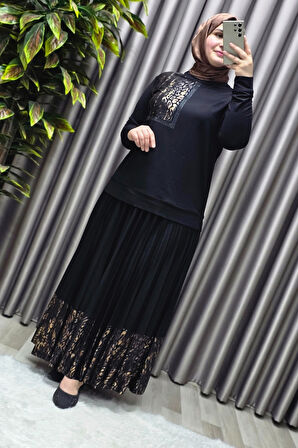 Kadın Tesettür Giyim Büyük Beden Pileli Leopar Desenli Etekli Takım 