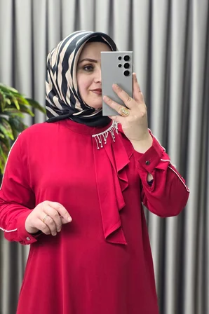 Kadın Tesettür Giyim Büyük Beden Taşlı Fular Krep Abiye Tunik 