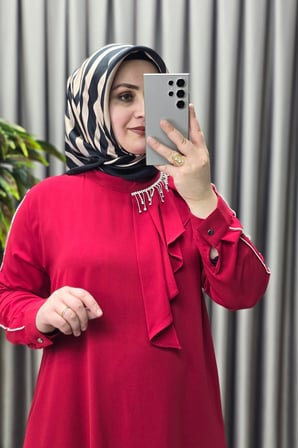 Kadın Tesettür Giyim Büyük Beden Taşlı Fular Krep Abiye Tunik 