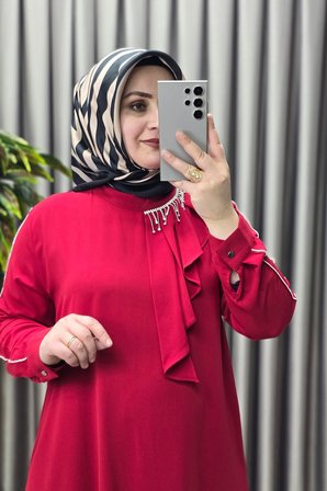 Kadın Tesettür Giyim Büyük Beden Taşlı Fular Krep Abiye Tunik 