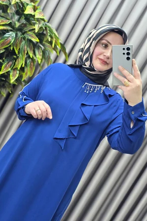Kadın Tesettür Giyim Büyük Beden Taşlı Fular Krep Abiye Tunik 