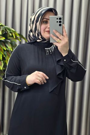 Kadın Tesettür Giyim Büyük Beden Taşlı Fular Krep Abiye Tunik 