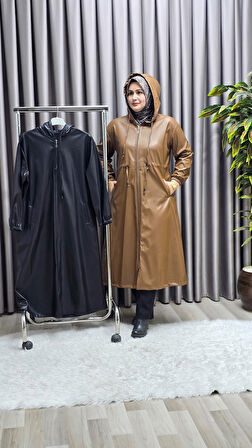 Kadın Büyük Beden Kapşonlu Fermuarlı Suni Deri Tesettür Kap Su Geçirmez Dış Giyim