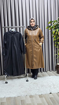 Kadın Büyük Beden Kapşonlu Fermuarlı Suni Deri Tesettür Kap Su Geçirmez Dış Giyim