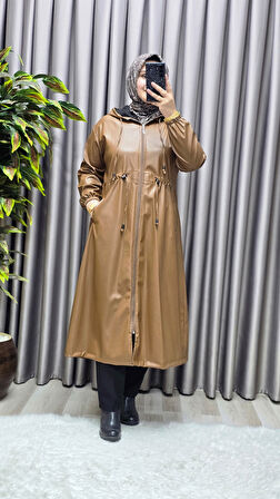 Kadın Büyük Beden Kapşonlu Fermuarlı Suni Deri Tesettür Kap Su Geçirmez Dış Giyim