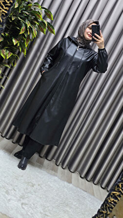 Kadın Büyük Beden Kapşonlu Fermuarlı Suni Deri Tesettür Kap Su Geçirmez Dış Giyim