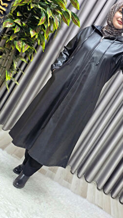 Kadın Büyük Beden Kapşonlu Fermuarlı Suni Deri Tesettür Kap Su Geçirmez Dış Giyim