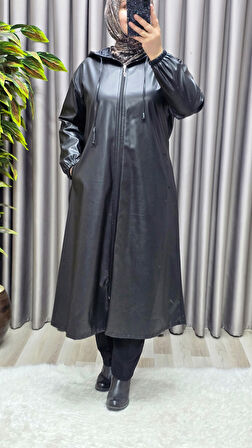 Kadın Büyük Beden Kapşonlu Fermuarlı Suni Deri Tesettür Kap Su Geçirmez Dış Giyim