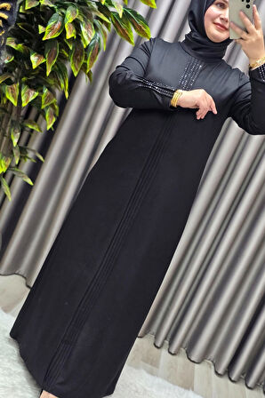 Kadın Giyim Büyük Beden Kolu Nevrür Taşlı Çimalı Elbise 