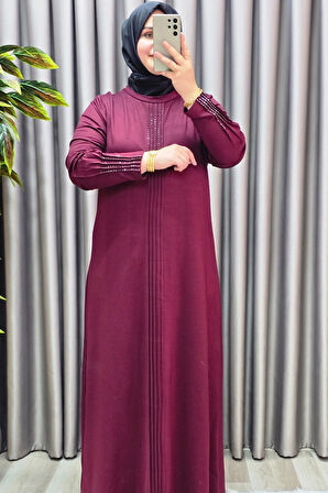 Kadın Giyim Büyük Beden Kolu Nevrür Taşlı Çimalı Elbise 