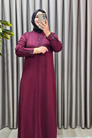 Kadın Giyim Büyük Beden Kolu Nevrür Taşlı Çimalı Elbise 