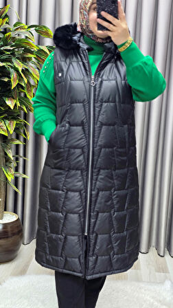 Kadın Tesettür Büyük Beden Kapüşonlu Fermuarlı Kürklü Piramit Desen Şişme Kapitone Yelek 