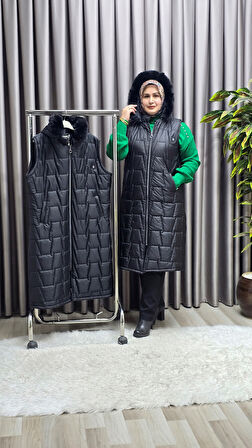 Kadın Tesettür Büyük Beden Kapüşonlu Fermuarlı Kürklü Piramit Desen Şişme Kapitone Yelek 