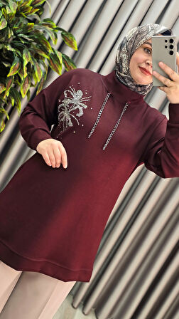 Kadın Büyük Beden Zincir Detaylı Taş İşlemeli Rahat Kalıp Esnek Kumaş Tunik 