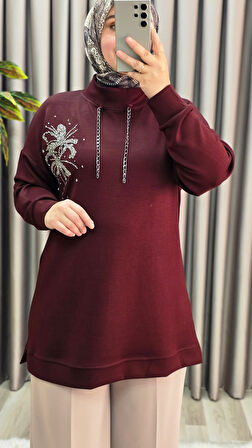 Kadın Büyük Beden Zincir Detaylı Taş İşlemeli Rahat Kalıp Esnek Kumaş Tunik 