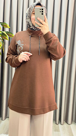 Kadın Büyük Beden Zincir Detaylı Taş İşlemeli Rahat Kalıp Esnek Kumaş Tunik 