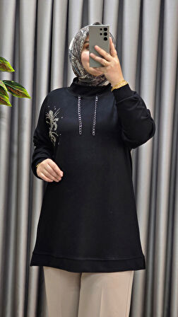 Kadın Büyük Beden Zincir Detaylı Taş İşlemeli Rahat Kalıp Esnek Kumaş Tunik 