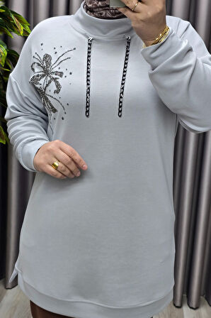 Kadın Büyük Beden Zincir Detaylı Taş İşlemeli Rahat Kalıp Esnek Kumaş Tunik 