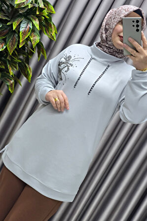 Kadın Büyük Beden Zincir Detaylı Taş İşlemeli Rahat Kalıp Esnek Kumaş Tunik 