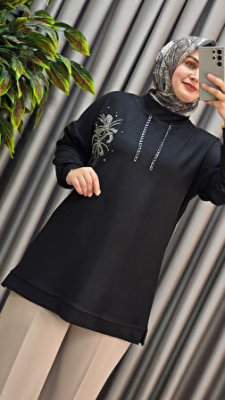 Kadın Büyük Beden Zincir Detaylı Taş İşlemeli Rahat Kalıp Esnek Kumaş Tunik 