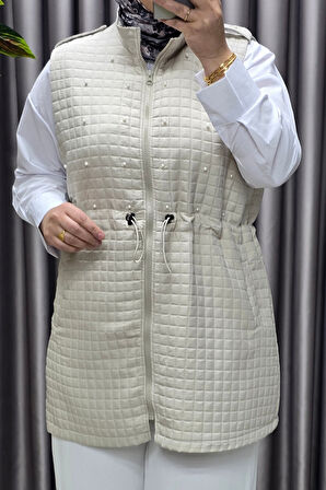 Kadın Giyim Büyük Beden İnci Detay Kapitone Yelek 