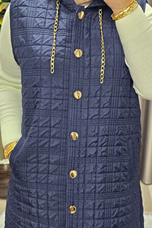 Kadın Giyim Büyük Beden Kapşonlu Astarlı Kare Desen Yelek 