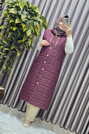 Kadın Giyim Büyük Beden Kapşonlu Astarlı Kare Desen Yelek 