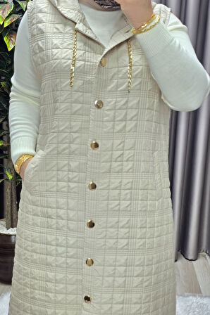 Kadın Giyim Büyük Beden Kapşonlu Astarlı Kare Desen Yelek 