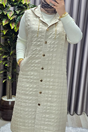 Kadın Giyim Büyük Beden Kapşonlu Astarlı Kare Desen Yelek 