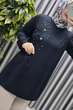 Kadın Giyim Büyük Beden Modal Çiçek Aplik Tunik 